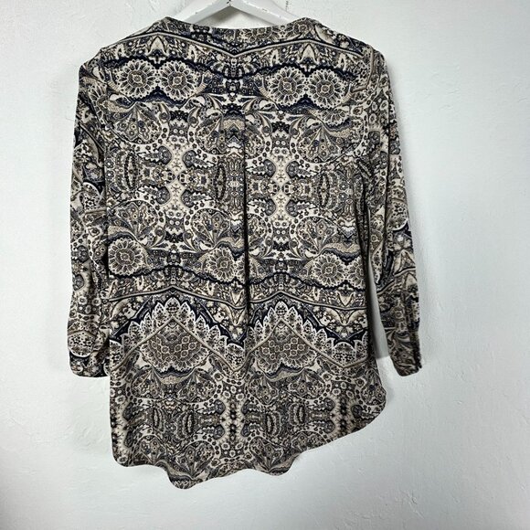 Dana Buchman Womens Paisley Print Tunic Top Medium 3/4 Sleeve Beige Navy Stretch - Picture 2 of 10